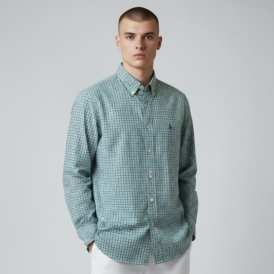 Polo Ralph Lauren Long-Sleeve Shirt, Checkered, Button-Down, Green x Blue, Size S